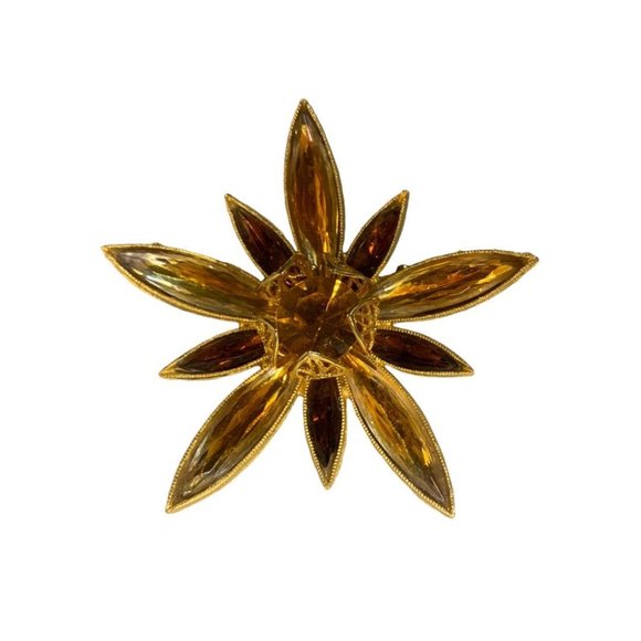 Vintage Goldtone Star Flower Brooch Amber Glass 2" Diameter Pin Retro - Picture 1 of 7